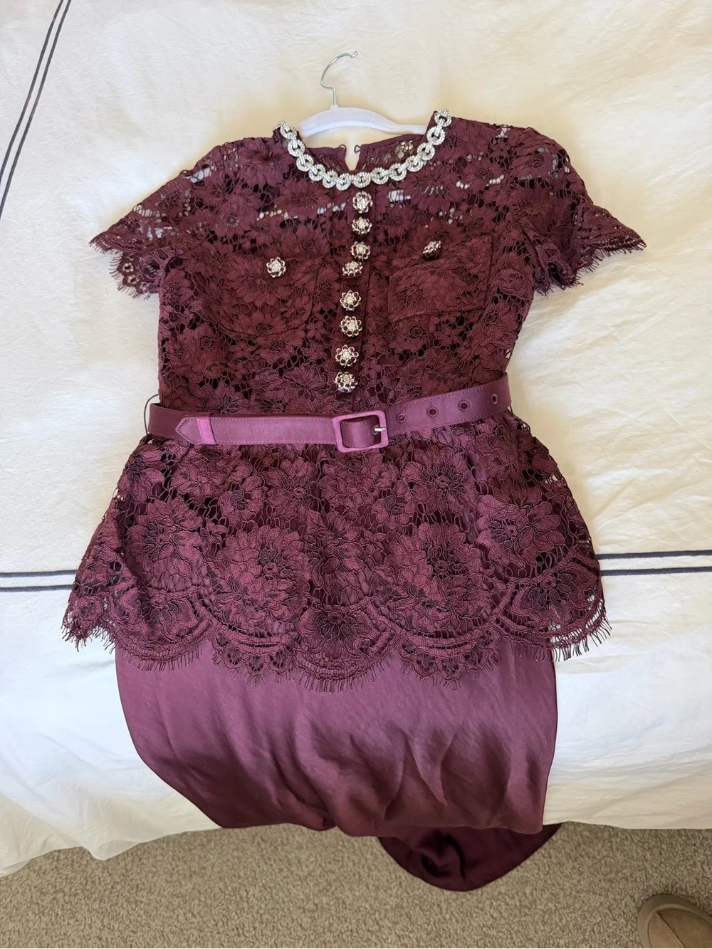 SELF PORTRAIT BELTED LACE AND SATIN MAXI DRESS
